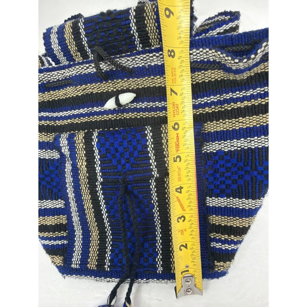 Handmade Woven Mini Backpack Blue Black Striped Boho Festival Rucksack Toggle